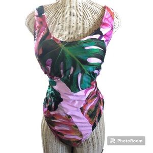NWT $64 Decree “Cheeky” Botanical Print on Pink w/Strappy Shirred Back Swimsuit
